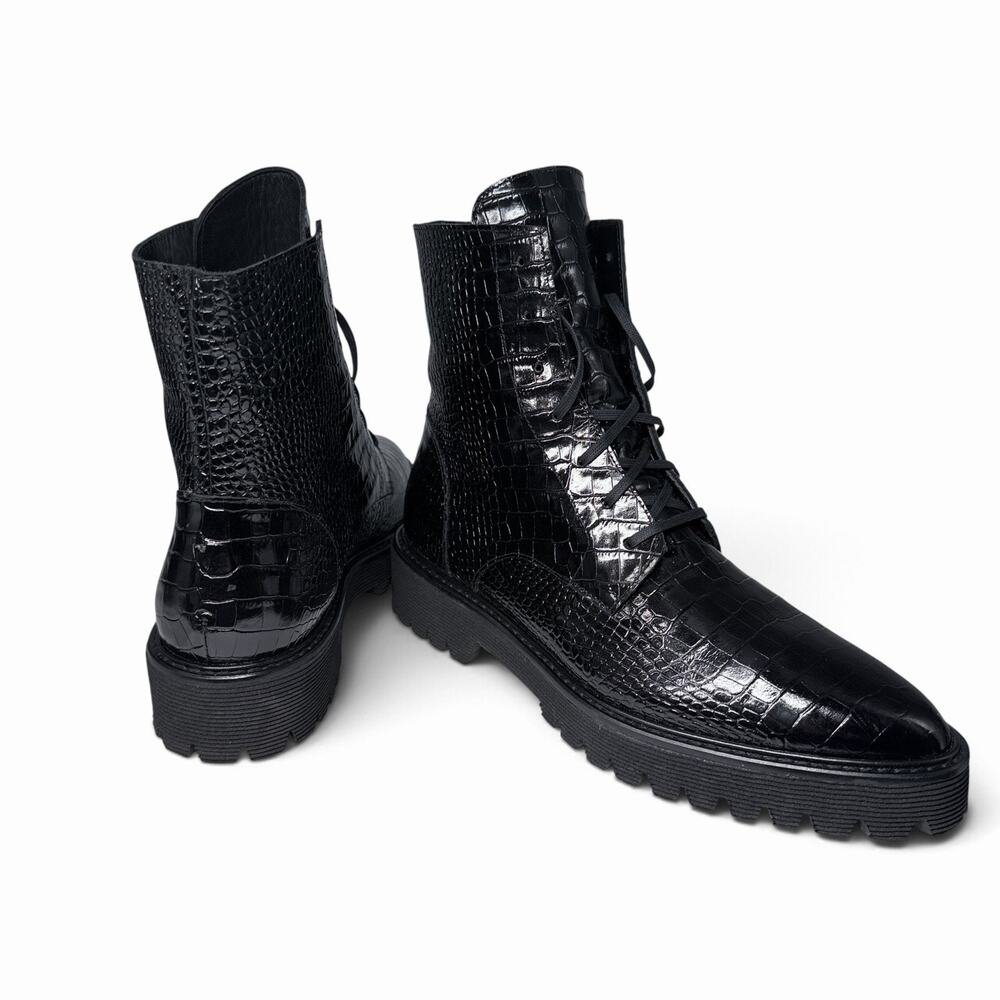 Freda Salvador EMI Womens 8.5 Black Croc Embossed Leather Lug Sole Combat Boots